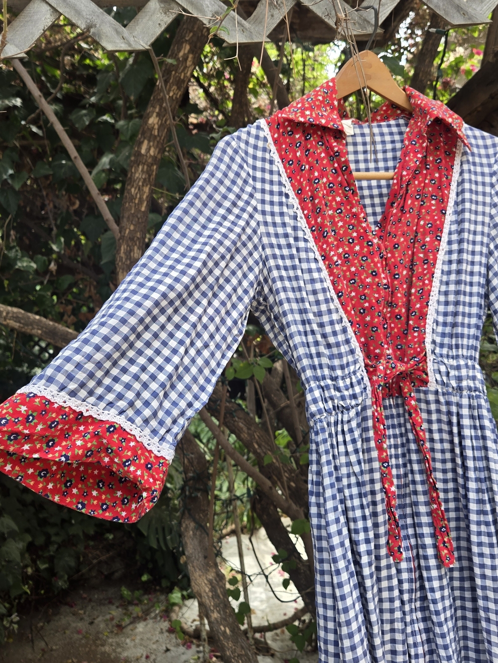 Vintage 70s Blue Gingham Maxi Dress with Red Floral Trim